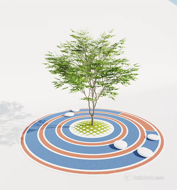 Tree Pit Featuring Circular Red And Blue Concentric Circles Grid Ground And White Stone Slabs 3d model