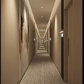 Modern Hotel Corridor With Light Colored Walls Decorative Paintings Wall Lamps And Carpeted Floor