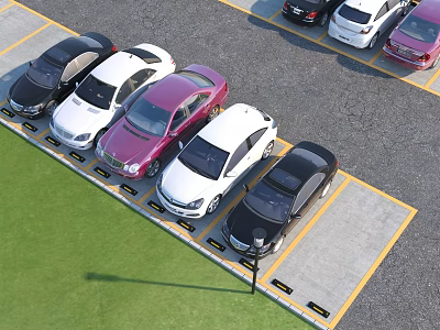 Neatly Arranged Parking Lot Featuring Multiple Colored Cars Yellow Stripes And Green Grass 3d model