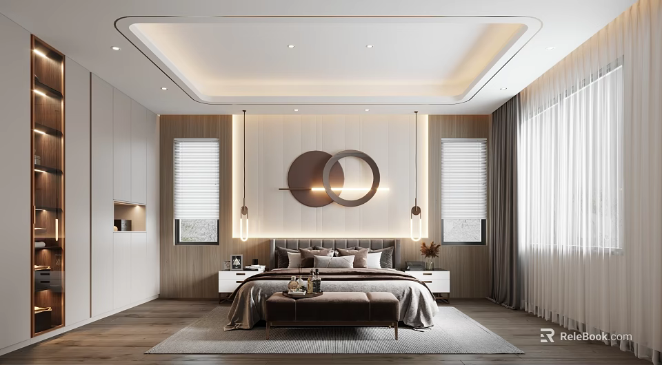 Modern Bedroom Interior Design With Round Decor Bed Nightstands Lighting And Curtains 3d model 
