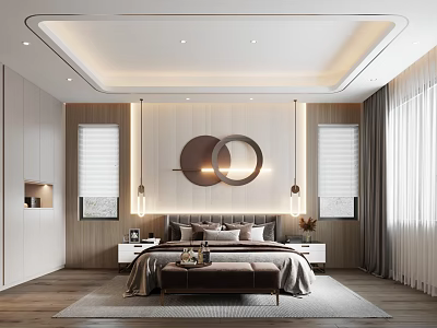 Modern Bedroom Interior Design With Round Decor Bed Nightstands Lighting And Curtains 3d model
