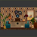 Vibrant Living Room Interior With Blue Sofas Green Plants Geometric Pattern Walls And Coffee Table