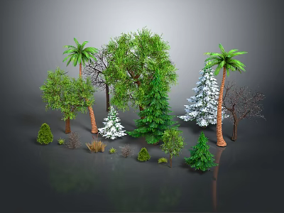 Cartoon Scene With Diverse Trees And Bushes Including Palm Pine Snowy And Bare Trees 3d model
