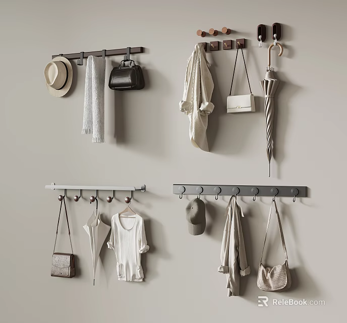 Wall Mounted Hooks with Hat Handbags Jackets Clothes and Umbrella Storage 3d model 