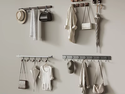 Wall Mounted Hooks with Hat Handbags Jackets Clothes and Umbrella Storage 3d model