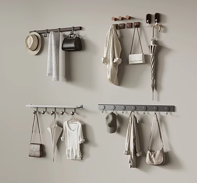Wall Mounted Hooks with Hat Handbags Jackets Clothes and Umbrella Storage 3d model