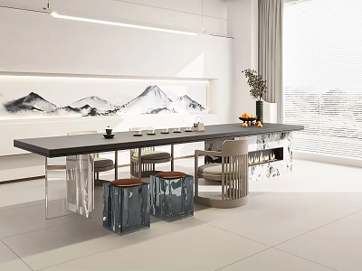 Modern Tea Table and Chairs with Mountain Painting Tea Set Vase and Metal Stools 3d model