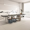 Modern Tea Table and Chairs with Mountain Painting Tea Set Vase and Metal Stools