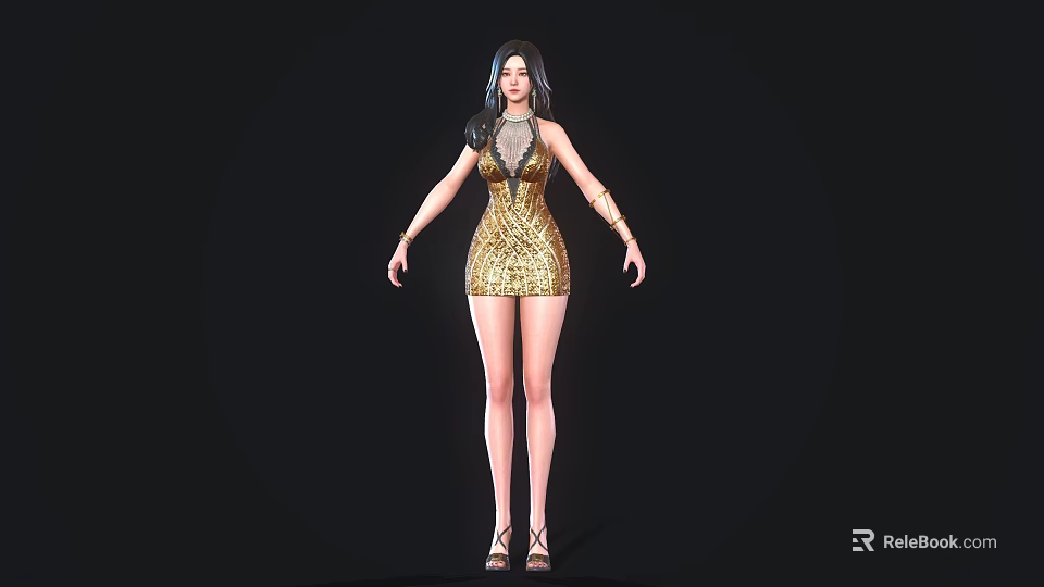 Woman In Golden Leopard Print Dress Standing Against Black Background Wearing High Heels And Accessories 3d model 