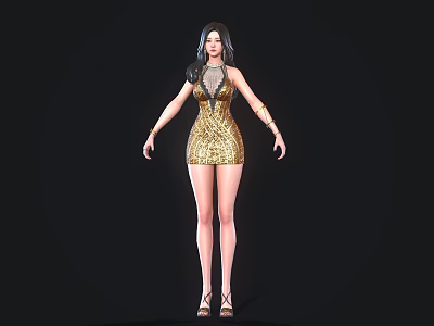 Woman In Golden Leopard Print Dress Standing Against Black Background Wearing High Heels And Accessories 3d model
