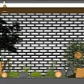 Indoor Landscape With White Brick Wall Green Plants Round Lamps Black Planter And Gray Marble