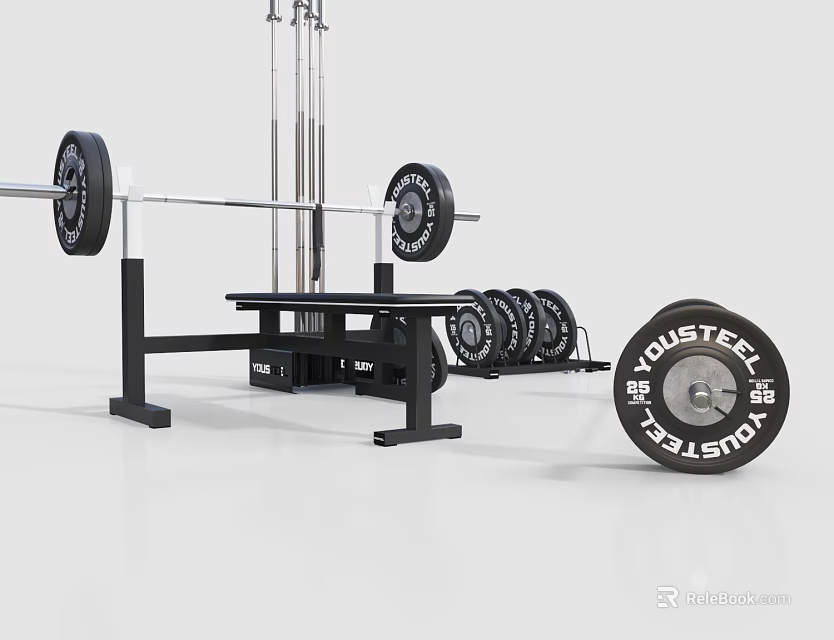 Complete Home Gym Sports Equipment With Bench Press Rack Barbell And Weight Plates 3d model 