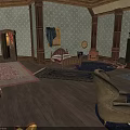 Architectural Interior With Wooden Columns Wallpapered Walls Wooden Floors Bed Chairs Rugs Wardrobe And Mirror