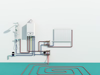 Home Heating System With Radiator Pipes And Underfloor Heating Design 3d model