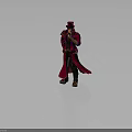 Steampunk Gentleman in Red Coat With Mechanical Raven and Cane Standing Confidently