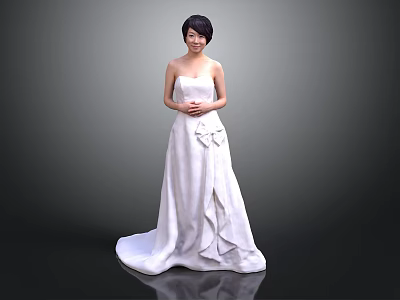 Elegant Bride In Strapless White Wedding Dress With Long Train And Bow Detail 3d model