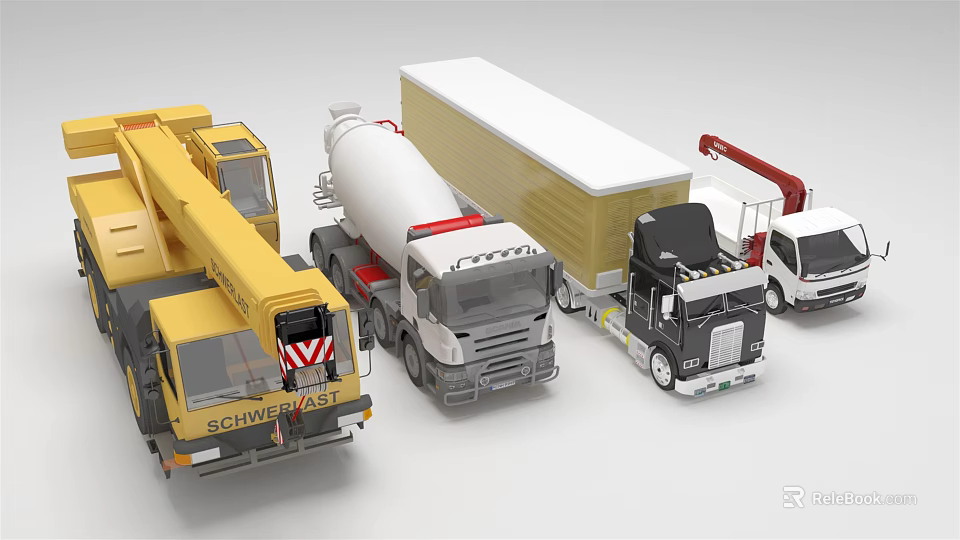 Diverse Utility Vehicles Collection With Crane Truck Concrete Mixer And Box Van 3d model 