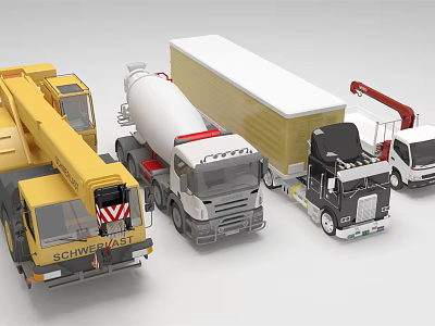 Diverse Utility Vehicles Collection With Crane Truck Concrete Mixer And Box Van 3d model