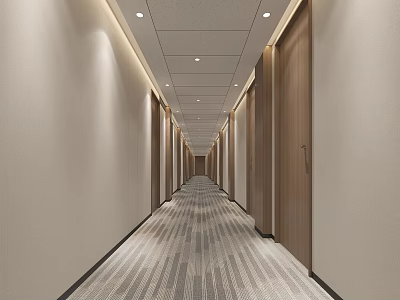 Modern Elevator Hallway Interior Design With Wooden Doors Carpeted Floor And Ceiling Lights 3d model