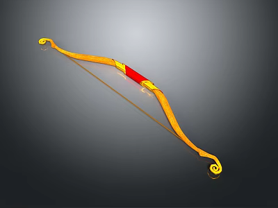 Traditional Yellow And Red Curved Bow As Decorative Archery Weapon Design 3d model