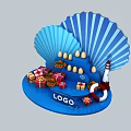 Decorative Display With Blue Shells Gift Boxes Eggs Lighthouse And Logo 3d model