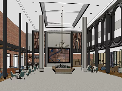 Modern Sales Office Interior Design With Chandelier Tables Chairs Columns And Brick Walls 3d model