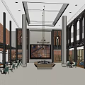 Modern Sales Office Interior Design With Chandelier Tables Chairs Columns And Brick Walls