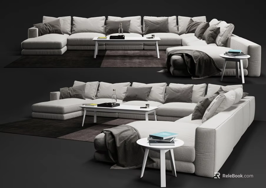 Modern Light Gray Sectional Sofa Interior With Small Tables Decorative Pillows And Throw Blanket 3d model