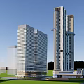Modern Office Building Complex With Tall Glass Skyscrapers And Connecting Sky Bridge