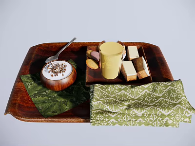 Cream Dessert with Chocolate Sprinkles on Wooden Tray featuring Yellow Cup Square Pastries Green Napkins 3d model