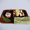 Cream Dessert with Chocolate Sprinkles on Wooden Tray featuring Yellow Cup Square Pastries Green Napkins