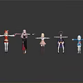 Five Female Game Movie Character Models With Different Outfits Hairstyles Standing In Row Gray Background Reflections