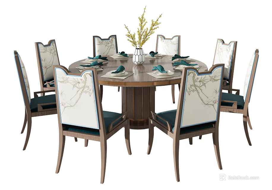 Traditional Dining Table Set With Round Wooden Table Eight Patterned Backrest Chairs And Vase Greenery 3d model