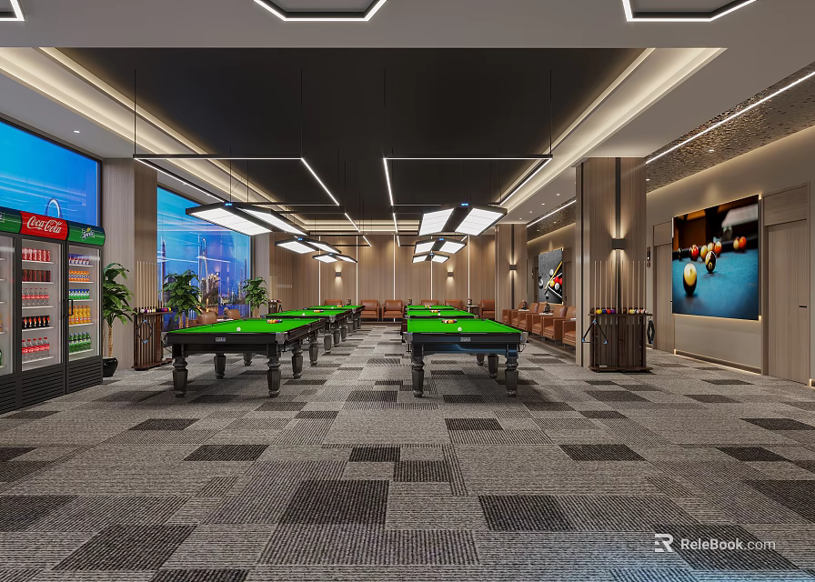 Spacious Billiard Room Interior Design With Multiple Green Pool Tables Modern Lighting And Seating Areas 3d model 