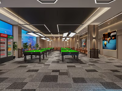 Spacious Billiard Room Interior Design With Multiple Green Pool Tables Modern Lighting And Seating Areas 3d model