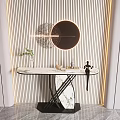 Modern Console Table With Marble Top Round Mirror Striped Wall And Decorative Lighting 3d model