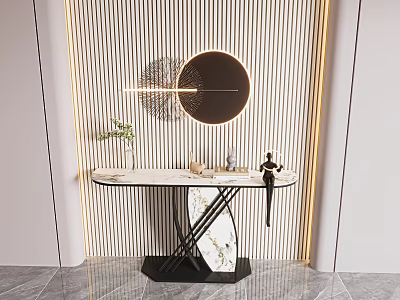 Modern Console Table With Marble Top Round Mirror Striped Wall And Decorative Lighting 3d model