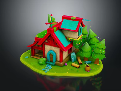 Cute Small House With Red And Blue Roofs Surrounded By Green Trees Lawn And Path 3d model