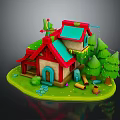 Cute Small House With Red And Blue Roofs Surrounded By Green Trees Lawn And Path