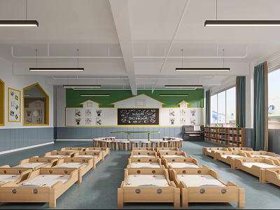 Bright Kindergarten Classroom Interior With Wooden Beds 3d model