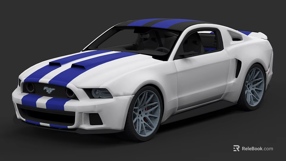 White Sports Car With Blue Stripes Two Door Mustang Style Exterior Design 3d model 