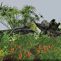 Lush Green Plants And Orange Flowers In Natural Garden With Stones And Logs