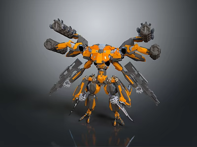 Game Movie Character Detailed Orange Mech With Multiple Weapons And Sci Fi Mechanical Design 3d model