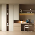 Light Wooden Desk Interior With White Chair Wall Shelves Books And Decorative Figurines