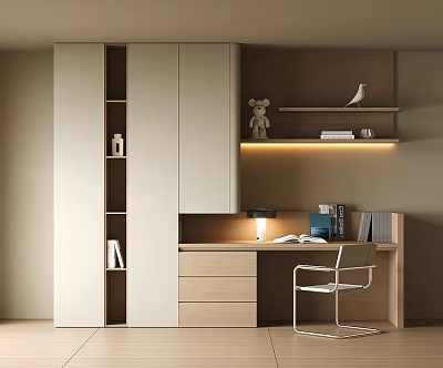 Light Wooden Desk Interior With White Chair Wall Shelves Books And Decorative Figurines 3d model