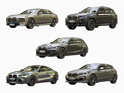 Five Different Models Of BMW Cars Displayed 3d model