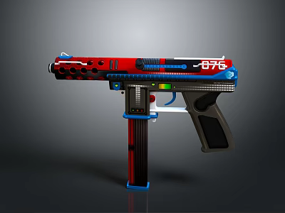 Futuristic Red And Blue Pistol With Detailed Design And Grip Features 3d model