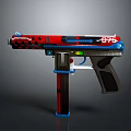 Futuristic Red And Blue Pistol With Detailed Design And Grip Features