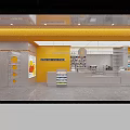 Modern Supermarket Department Store Interior With Yellow Walls White Shelves Cashier Counter And Product Displays