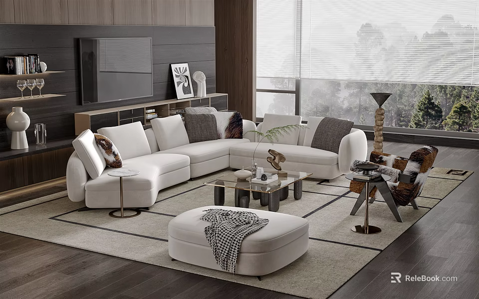 Modern Living Room White L-shaped Sofa Coffee Table Set with Soft Cushions Ottoman and Rug 3d model 